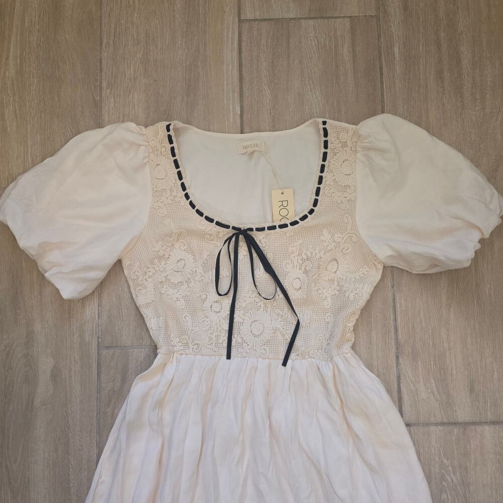 Roolee NWT Maxi Dress Womens Small Ivory Puff Sleeve Cottagecore Lace Bow - Picture 3 of 12